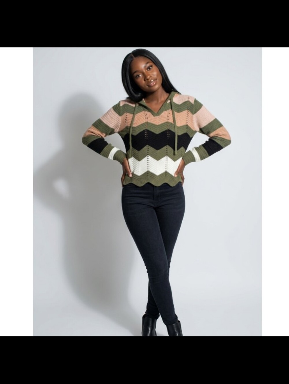 Chevron Stripe Hooded Knit Sweater in Olive, Black & Cream